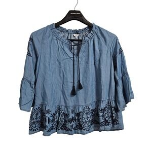 Crown & Ivy Blouse Womens Lg Blue Chambray Embroidered Tassel Bell Sleeve NWT